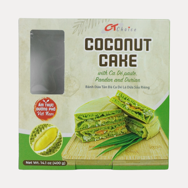Banh Dua Tan Da Ca De La Dua Sau Rieng - Coconut Cake With Ca De Paste, Pandan And Durian 400g