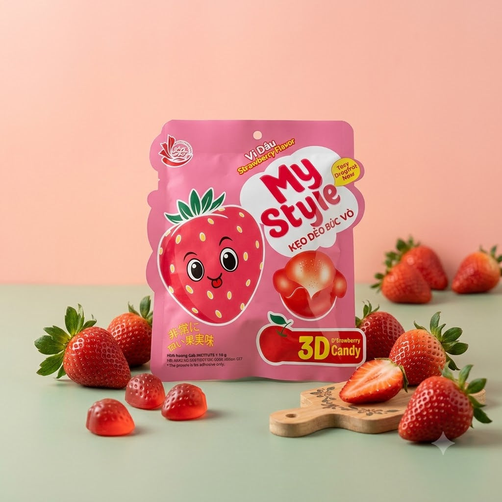 KEO DEO VI DAU -Peeled Gummy Candy -Strawberry Flavor-120g 1 count