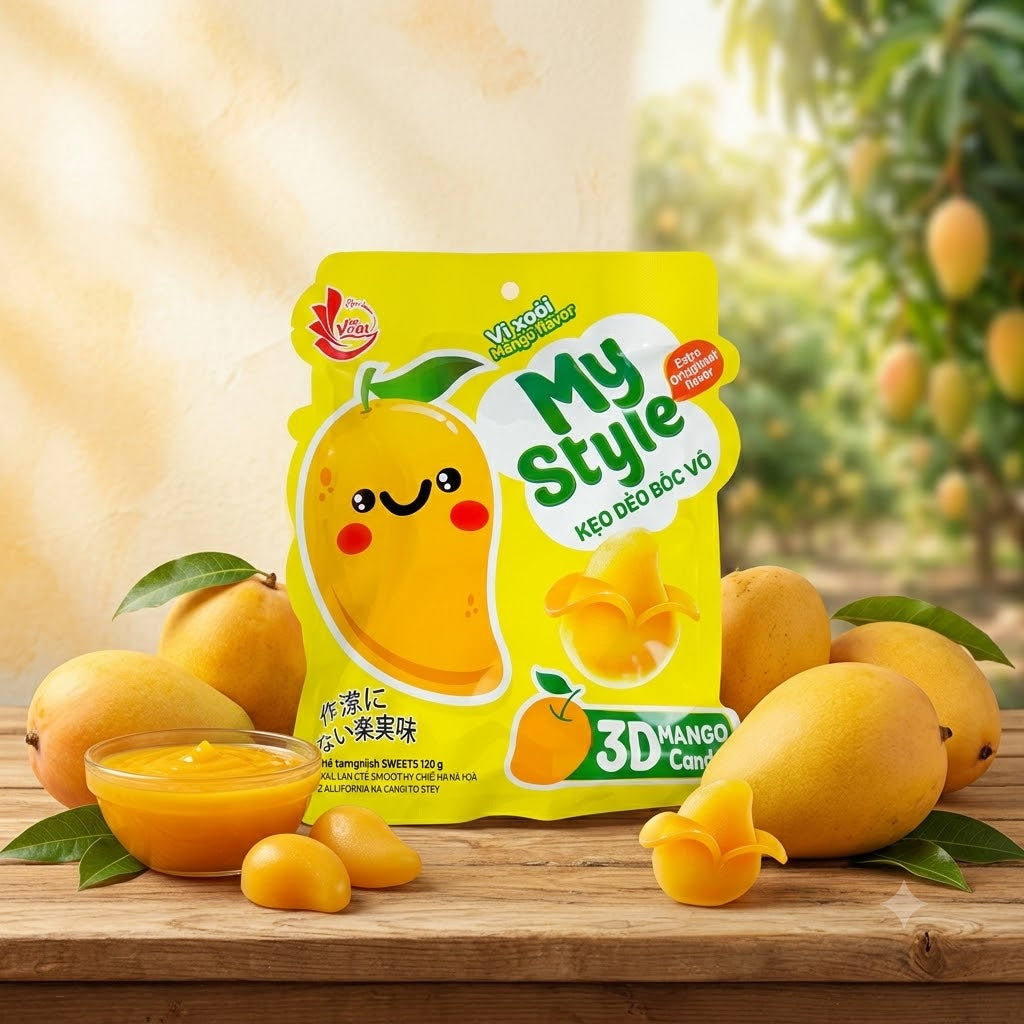 KEO DEO VI XOAI - Peeled Gummy Candy - Mango Flavor 120g 1 count