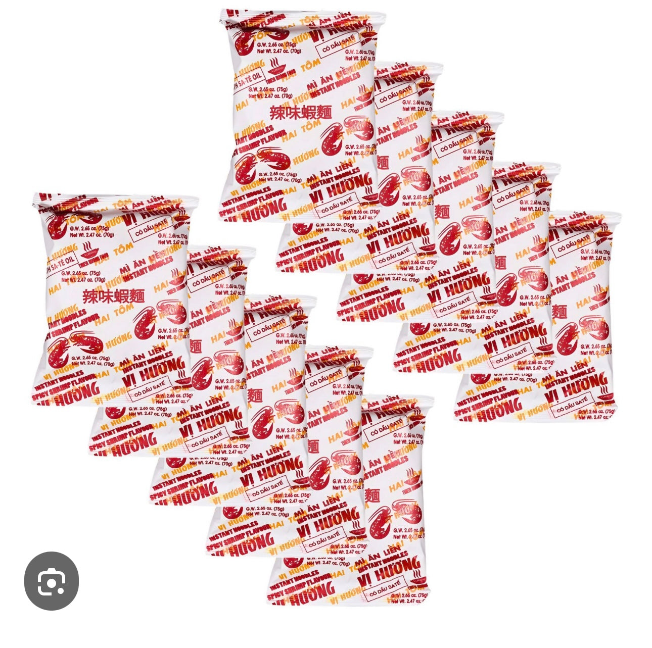 Vi Huong Mi Goi Giay Sate 2 Tom (loc 10 gói) - Spicy Shrimp Noodle * 10 Bags x 65Gr