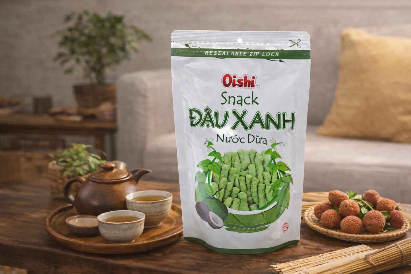Oishi snack dau xanh nuoc dua-nuong khong chien 65g