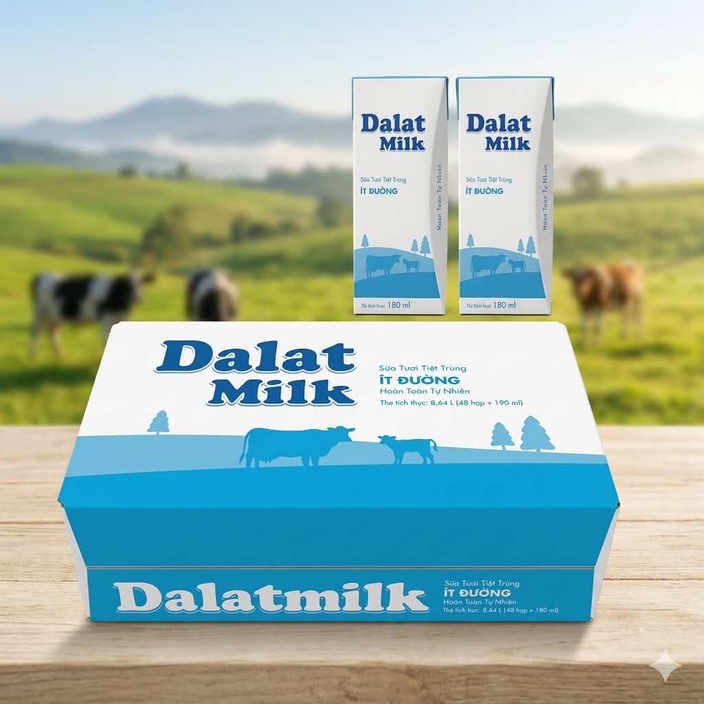 Sua Tuoi Tiet Trung It Duong/ Dalatmilk Fresh Milk Less Sugar - Dalat Milk Branch * 180ml (Loc 4Hop)
